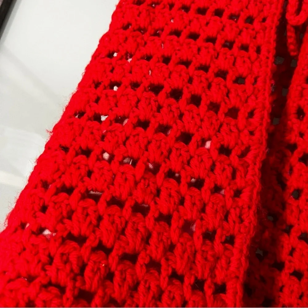 Vintage 1970's Handmade Crochet Red Tie Vest Retro Holiday Festival Hippie - Picture 3 of 7